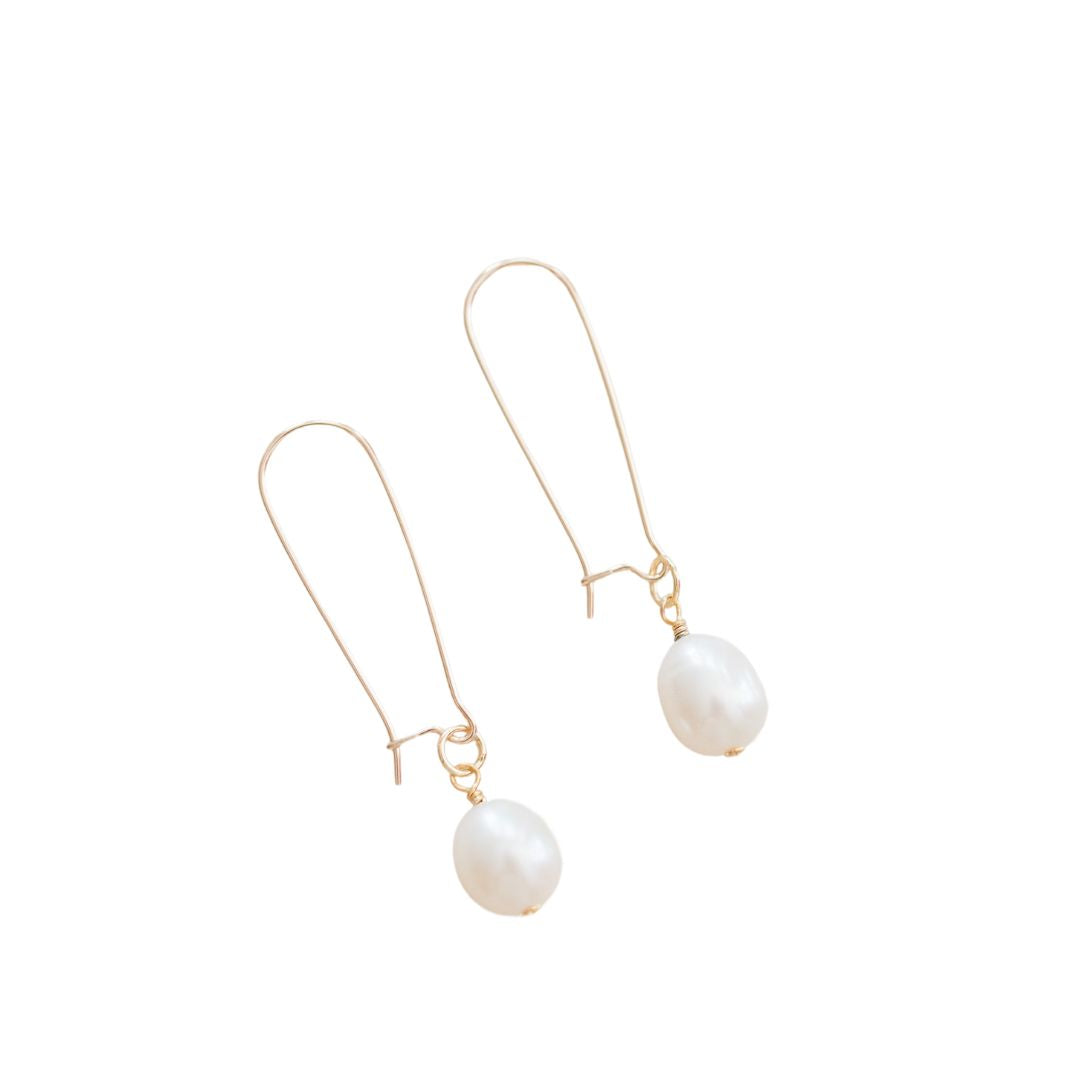 Pearl on Long Gold Wire Earrings