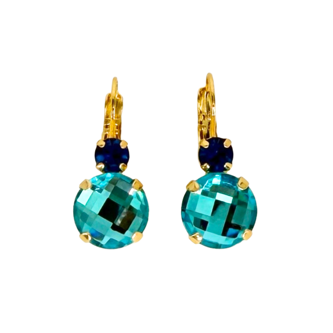 Mariana Double Drop Earrings in Bright Blue Over  Faceted Aqua Blue on Rose Gold