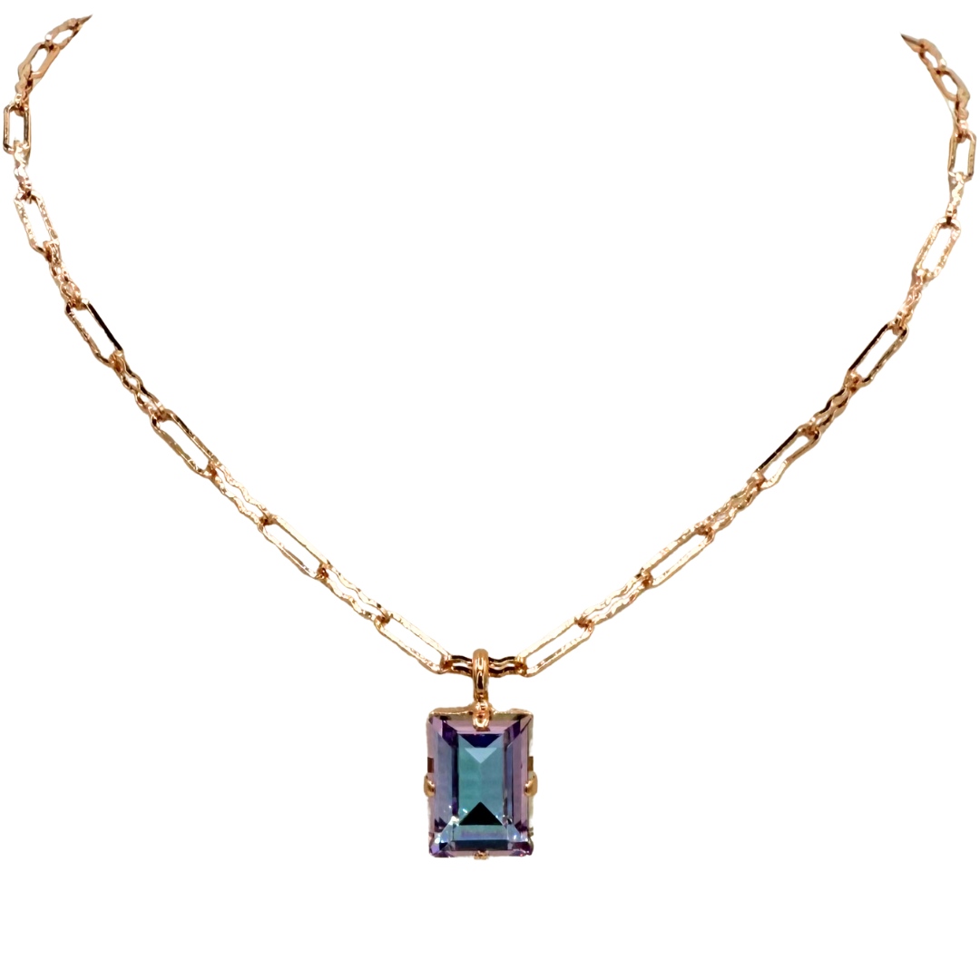 Mariana Emerald Cut Pendant Light Violet on Rose Gold Paperclip Chain