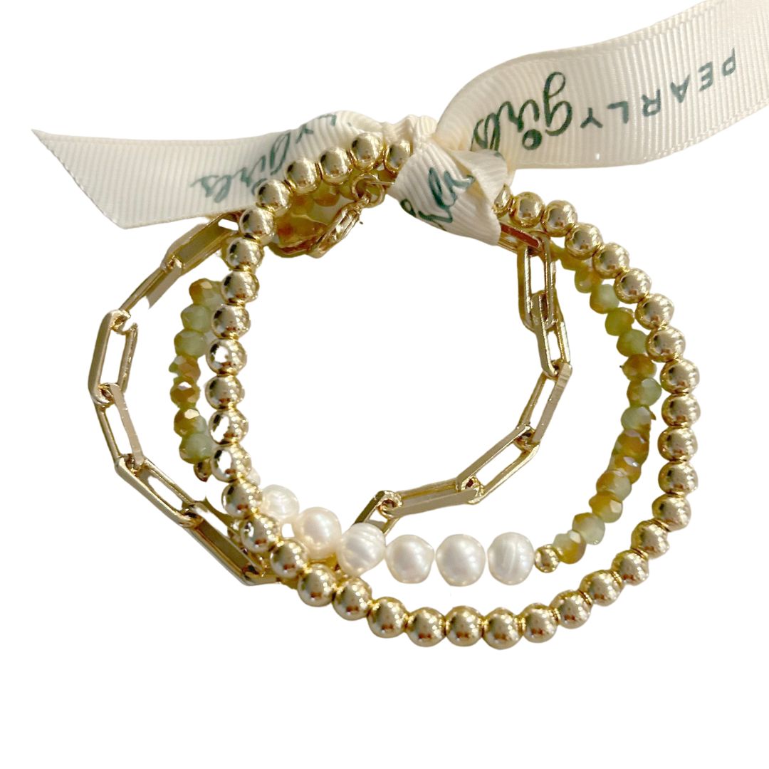 Paperclip/Pearl Bracelet Bundle with  Gold Beads