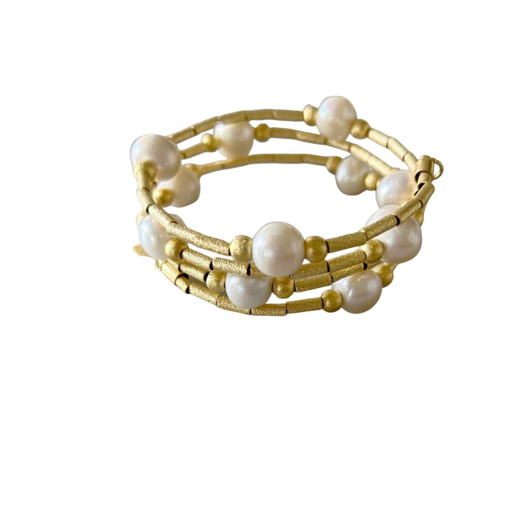 Brushed Gold Bamboo Pearl Bracelet