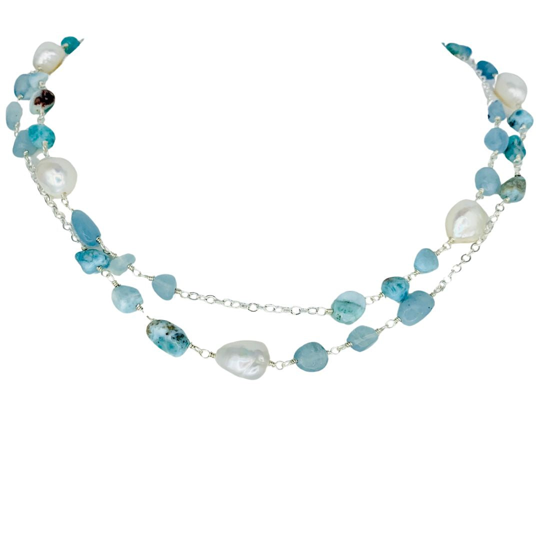 Amazonite and Pearl Wire Wrap Necklace