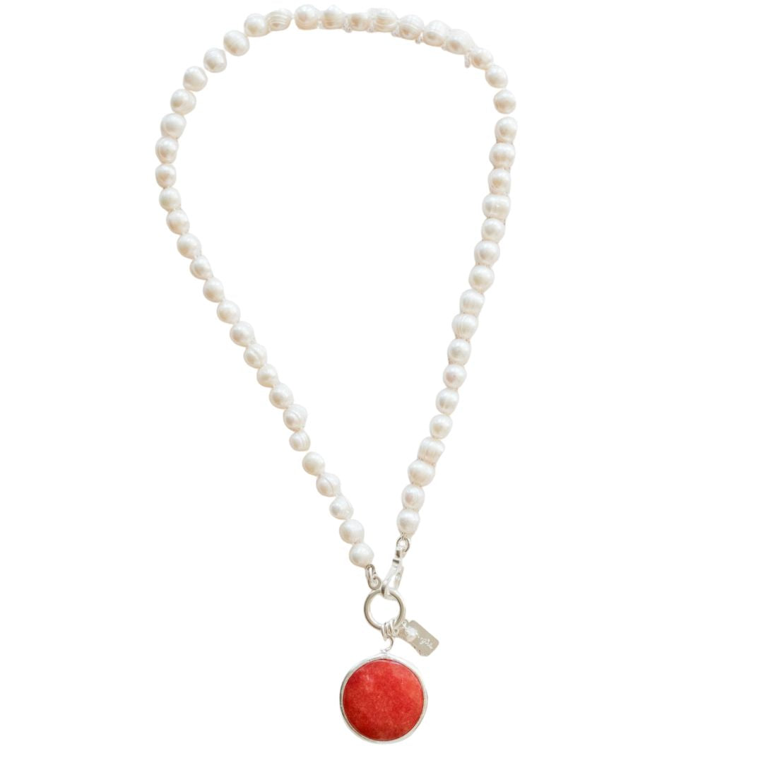 Ring Pearl Necklace With Red Turkish Stone Pendant