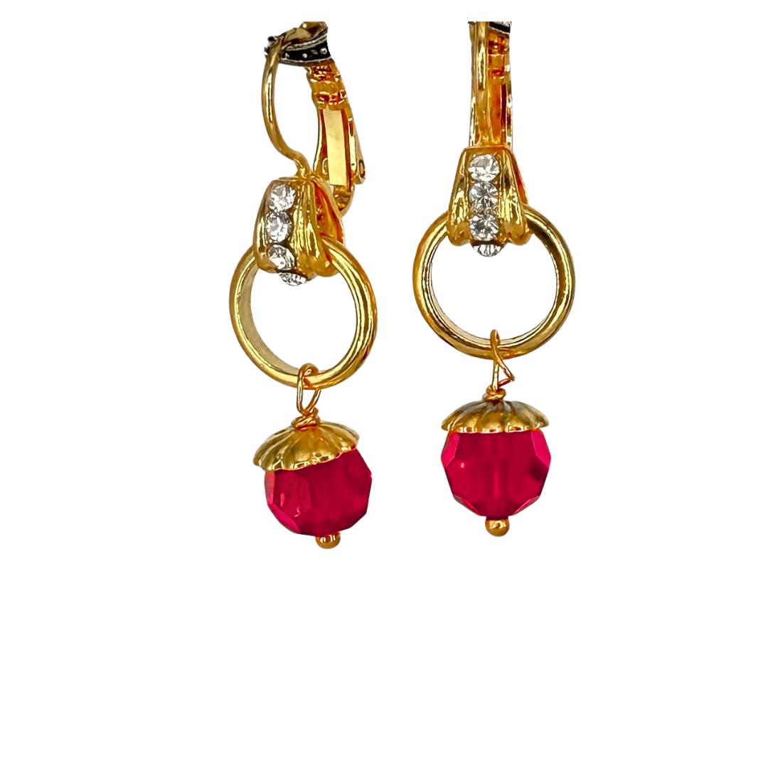 Mariana Earrings Circle Drop in Bright Red /Clear on Gold