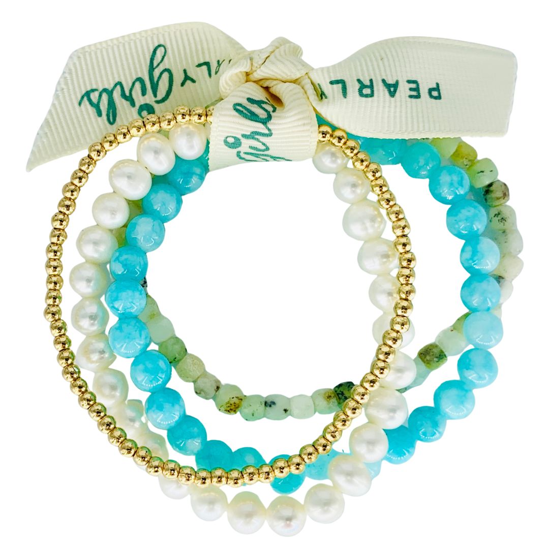 Blue/Green Pearl and Gold Bundle Bracelet
