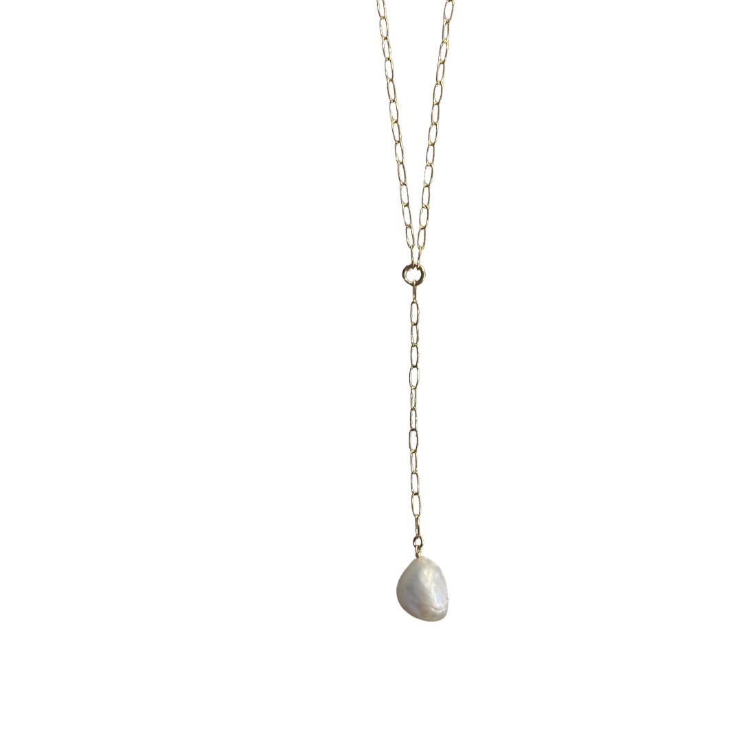 Long Delicate Paperclip Lariat Gold Filled With Pearl Drop Pendant