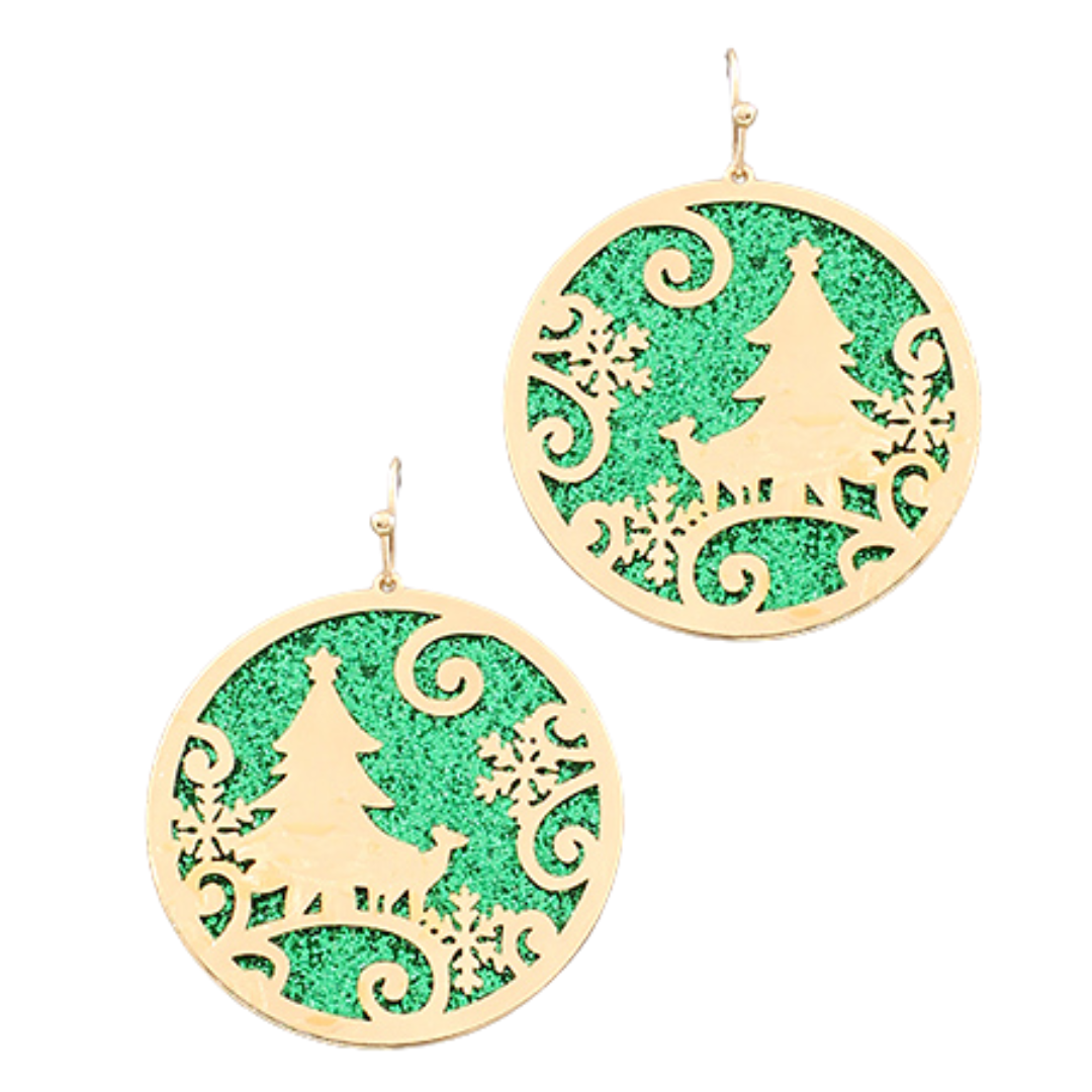 Winter Scene Cut Out On Glitter Disc Earrings