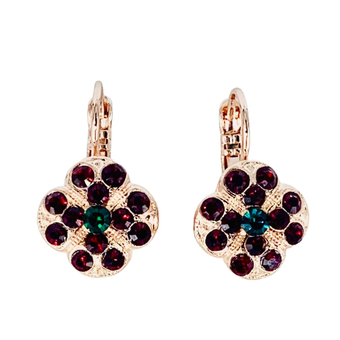 Mariana Quatrefoil Cluster Earrings Red/Green on Rose Gold