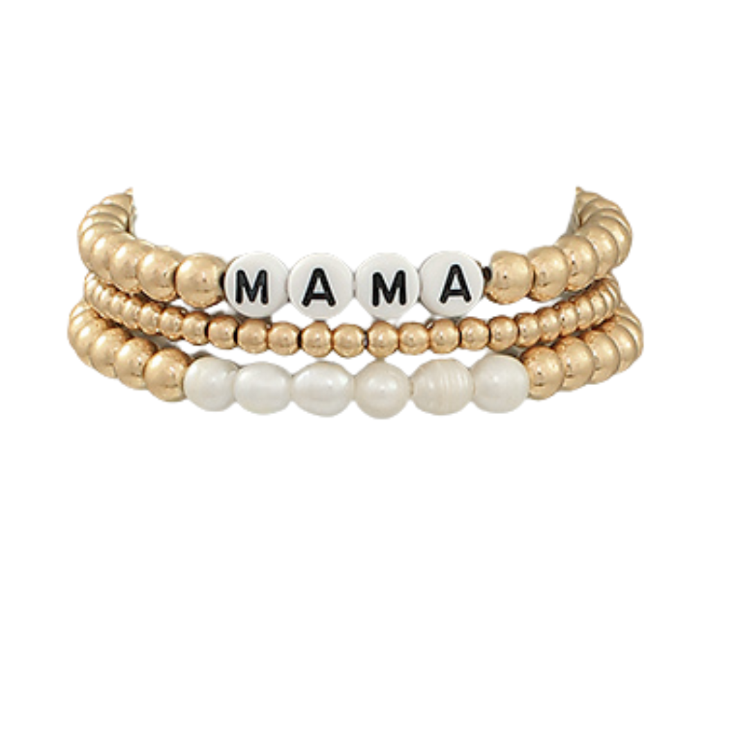 Triple Row Stretch Mama Friendship  Bracelet  Worn Gold Freshwater Pearls