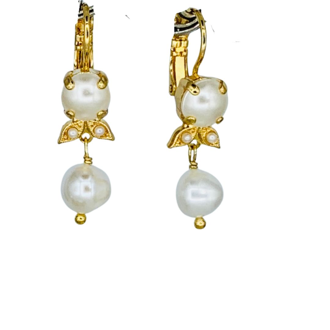 Mariana Classic Double Drop Dangle Earring Pearl on Gold