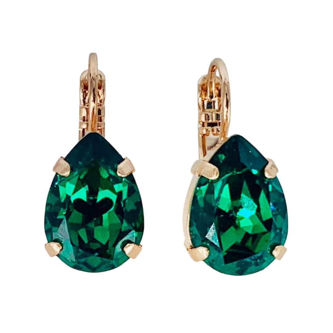 A pair of Mariana emerald green teardrop earrings with rose gold metallic bands. Main image