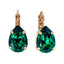 A pair of Mariana emerald green teardrop earrings with rose gold metallic bands.