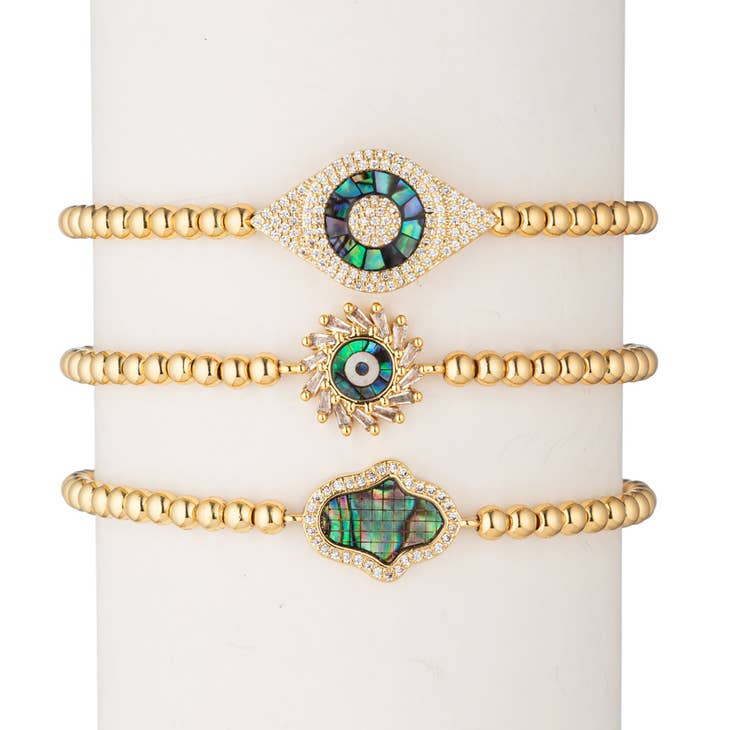 Set of Three Abalone/Gold Bracelets Good Luck Symbols