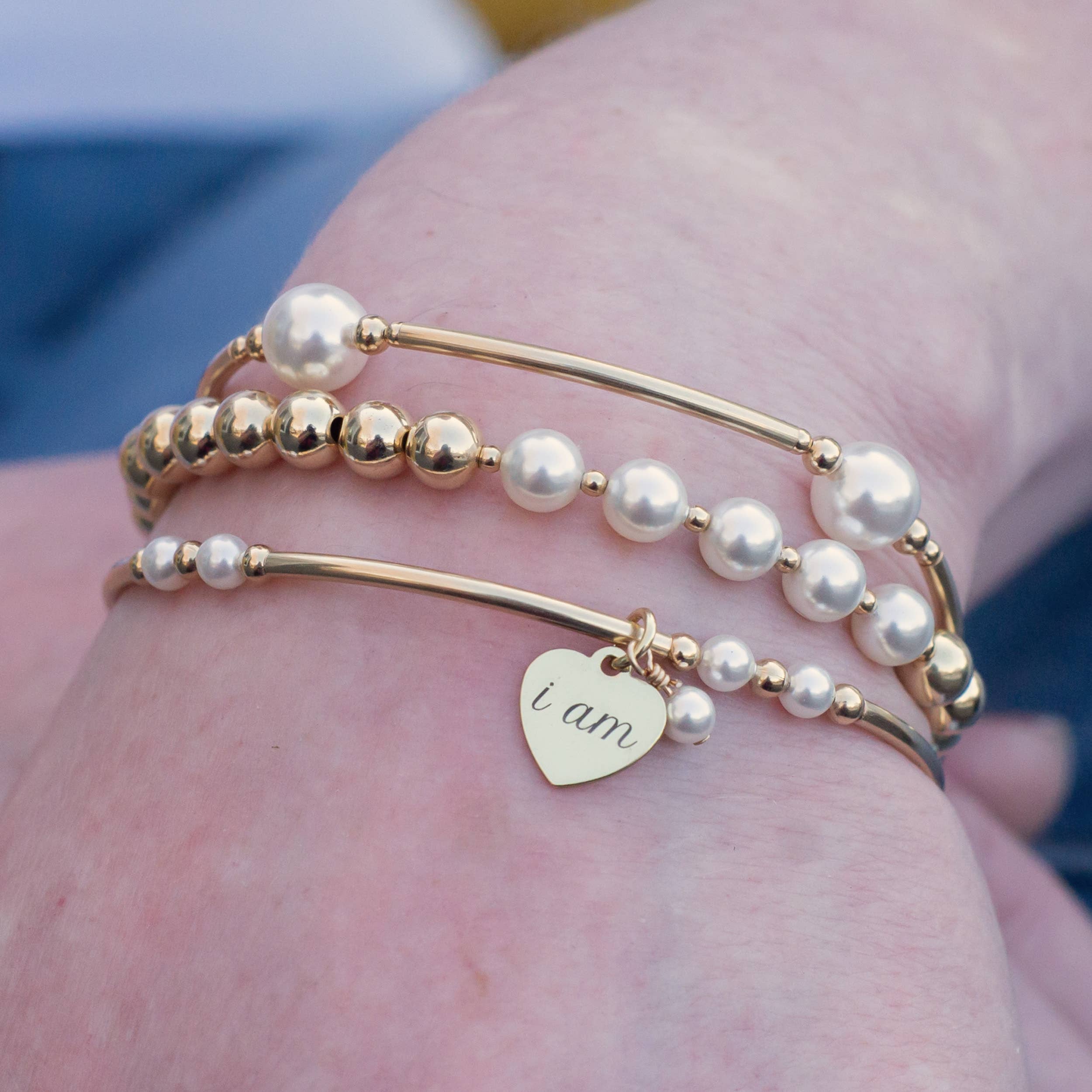 Blessing Bracelet With Tiny Cross in White Pearl on Gold Fill