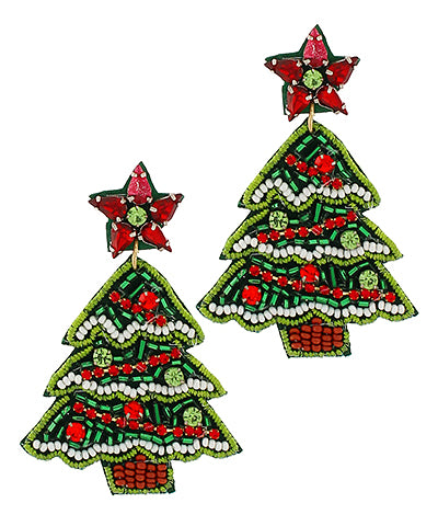 Bedazzled Christmas Tree Beaded Earrings With Red Crystal Star