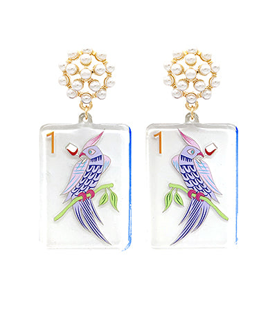 Mahjong Pearl Cluster Earring-Bam Bird