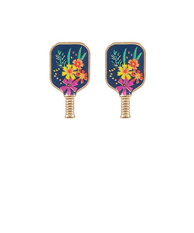 Blue Floral Enamel Pickleball Post Earrings On Gold