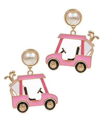 Pink golf cart earrings with pearl posts