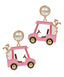 Pink golf cart earrings with pearl posts