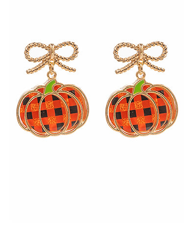 Enamel Pumpkin Earrings With Gold Bow
