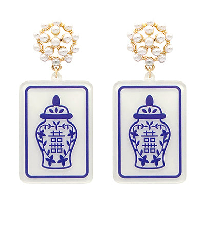 Mahjong Pearl Cluster Earring-Blue Jar
