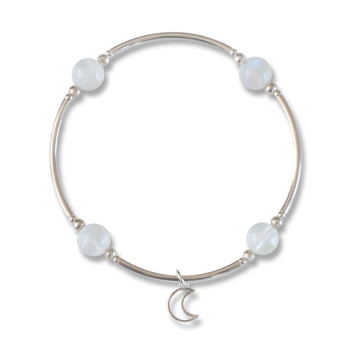 Four Moons Blessing Bracelet 8MM Moonstone Beads With Sterling Moon Charm