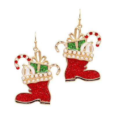 Santa's Glitter Boot Earrings With Pearl Trim