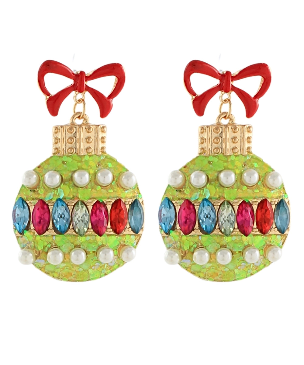Crystal Christmas Ornament  Earrings With Bow-Green