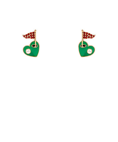 Golf Hole Enamel/Crystal Stud Earrings on Heart Shaped Green Main image