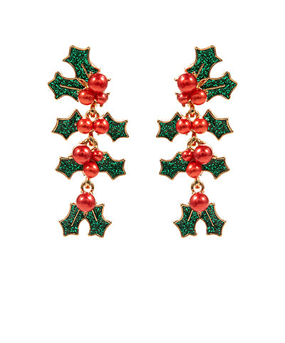 Enamel Holly Dangle Earrings With Glitter and Red Crystal Pearls