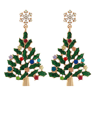 Holly Christmas Tree Earrings With Crystal Snowflake