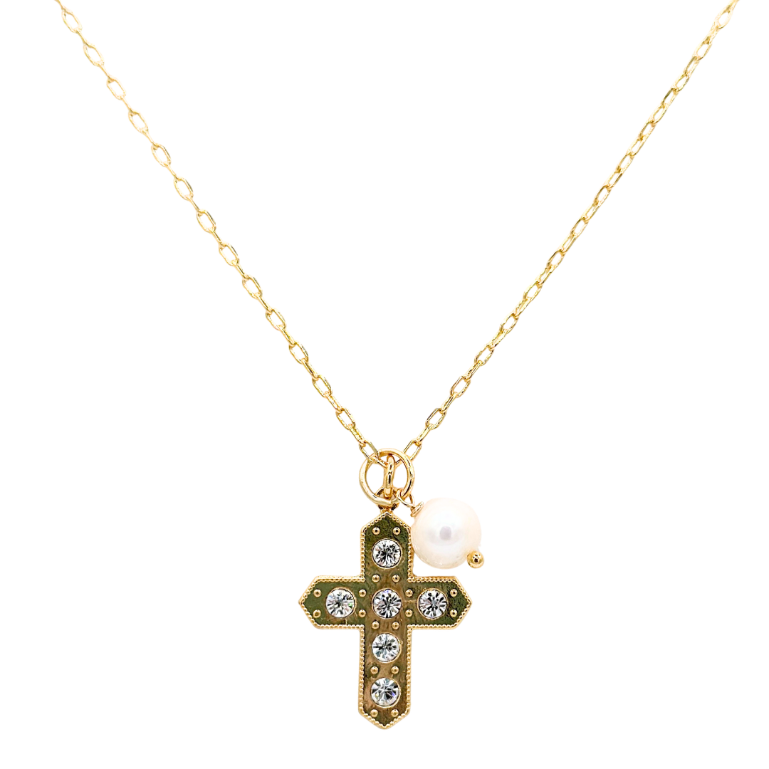 Mariana Cross With Pearl Sidecar Charm on Gold
