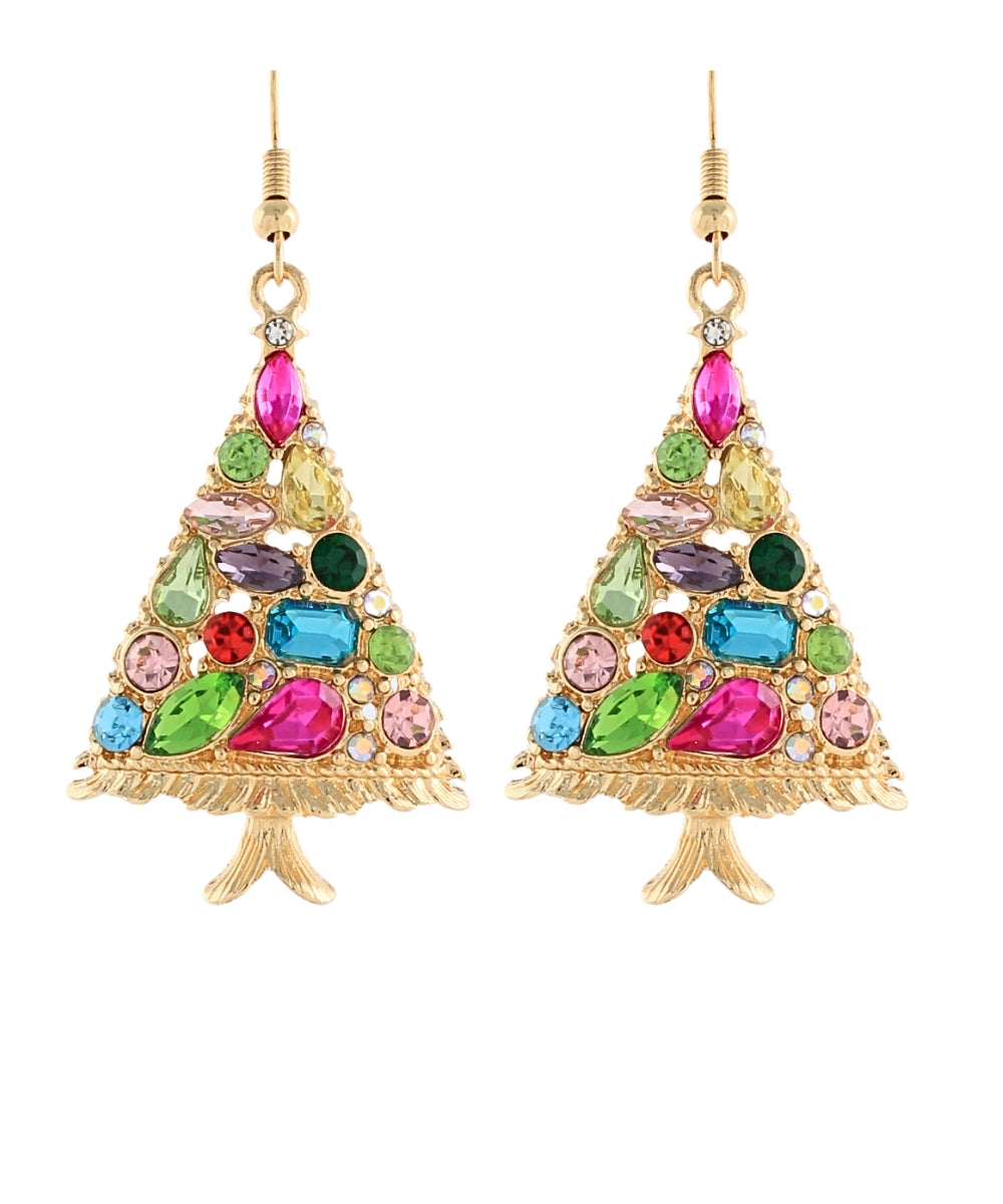 A pair of gold-tone dangle earrings shaped like Christmas trees, decorated with multiple colorful faux gemstones in pink, blue, green, purple, and red on a plain white background. Main image