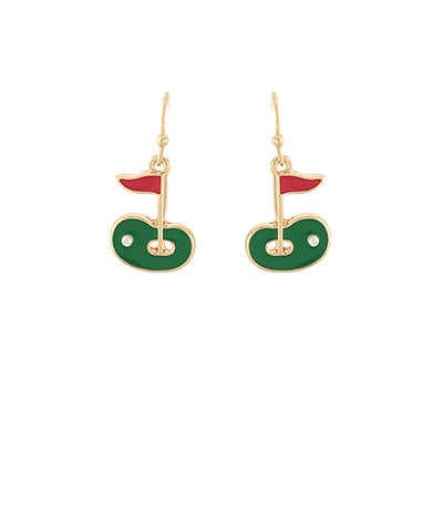 Golf-themed earrings with green putts, gold tees, and red flags and a pearl golf ball