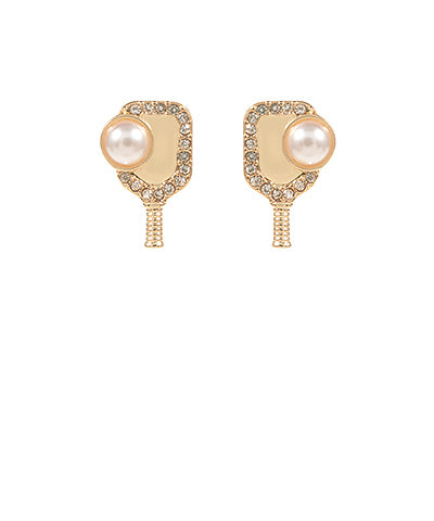 Crystal/Pearl Pickleball Post Earrings On Gold Main image
