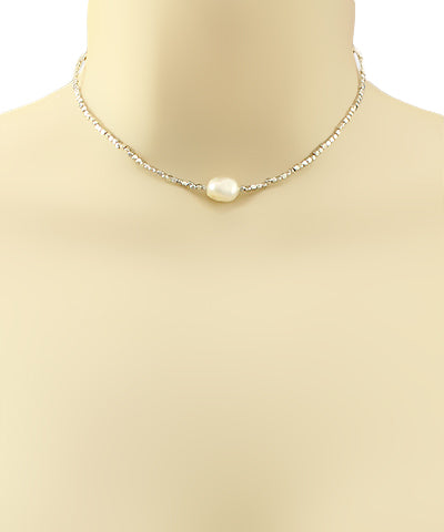Single Freshwater Pearl Choker  Necklace  With Square Beads