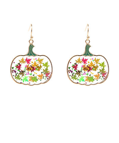 Pumpkin-shaped earrings with leaf pattern on a white background Main image