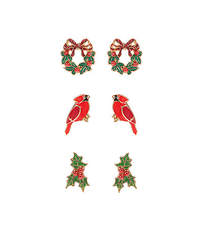 Set of Three Christmas Enamel Stud Earrings
