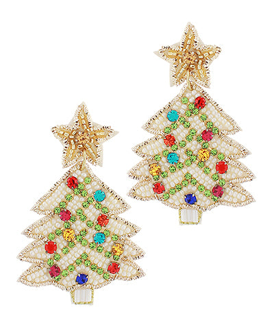 Bedazzled White Christmas Tree Beaded Earrings With Gold Star