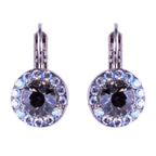 A pair of Mariana round earrings with a central clear crystal surrounded by smaller clear crystals on a rhodium-plated lever back style.