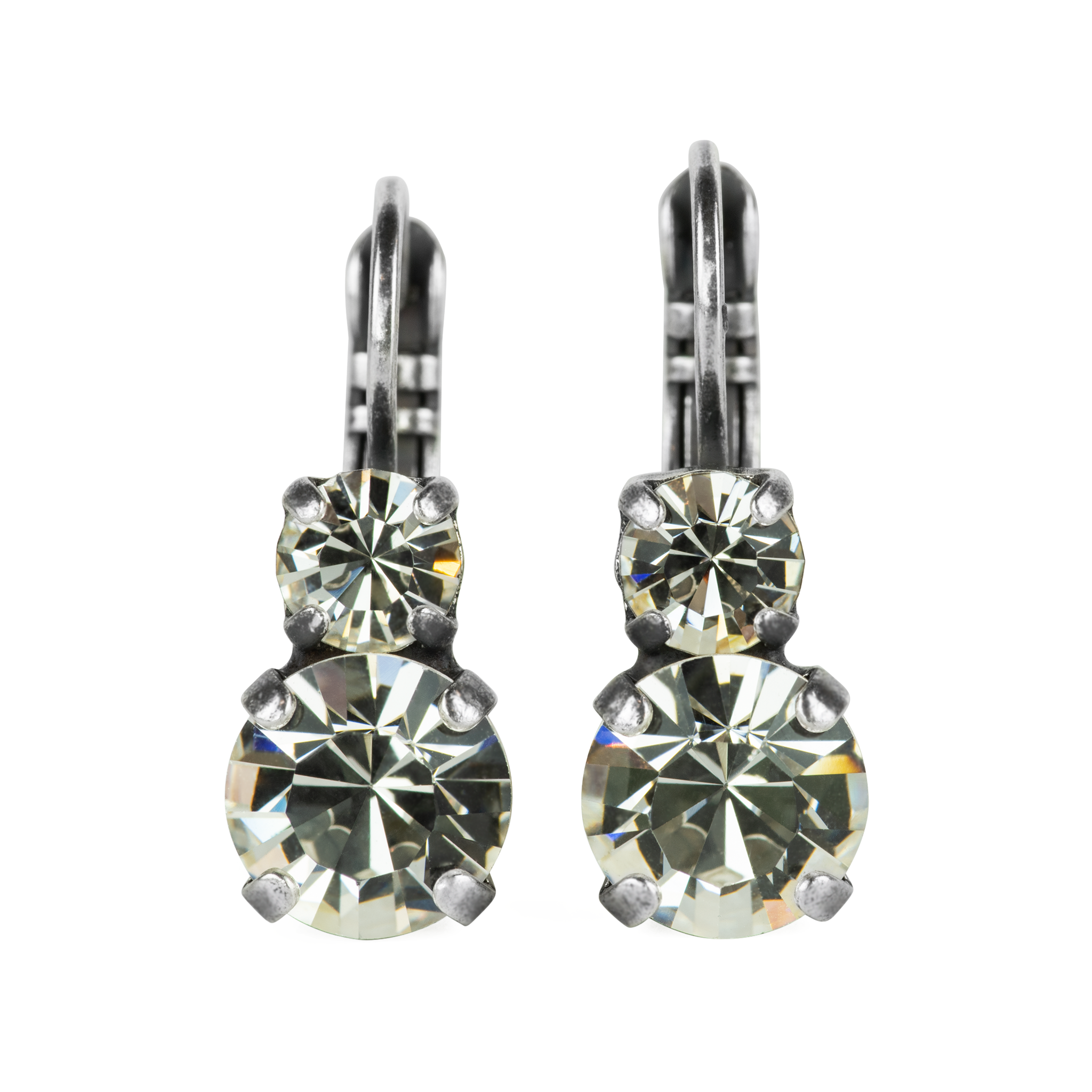 A pair of small double drop style earrings with a clear rhodium finish and silver plate on a brass-free earring post.