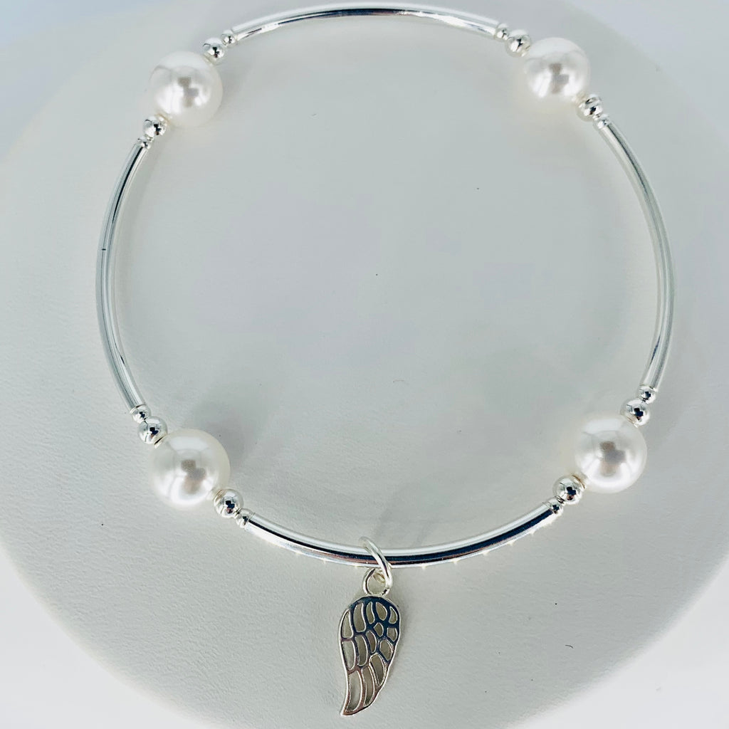 "You're An Angel" Angel Wing Blessing Bracelet in White Pearl and Sterling Silver