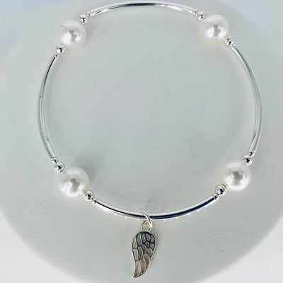 Health and Healing Angel Wing Blessing Bracelet in White Pearl and Sterling Silver