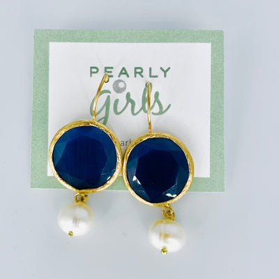 Pearl and Dark Blue Turkish Cat's Eye Earrings on Gold