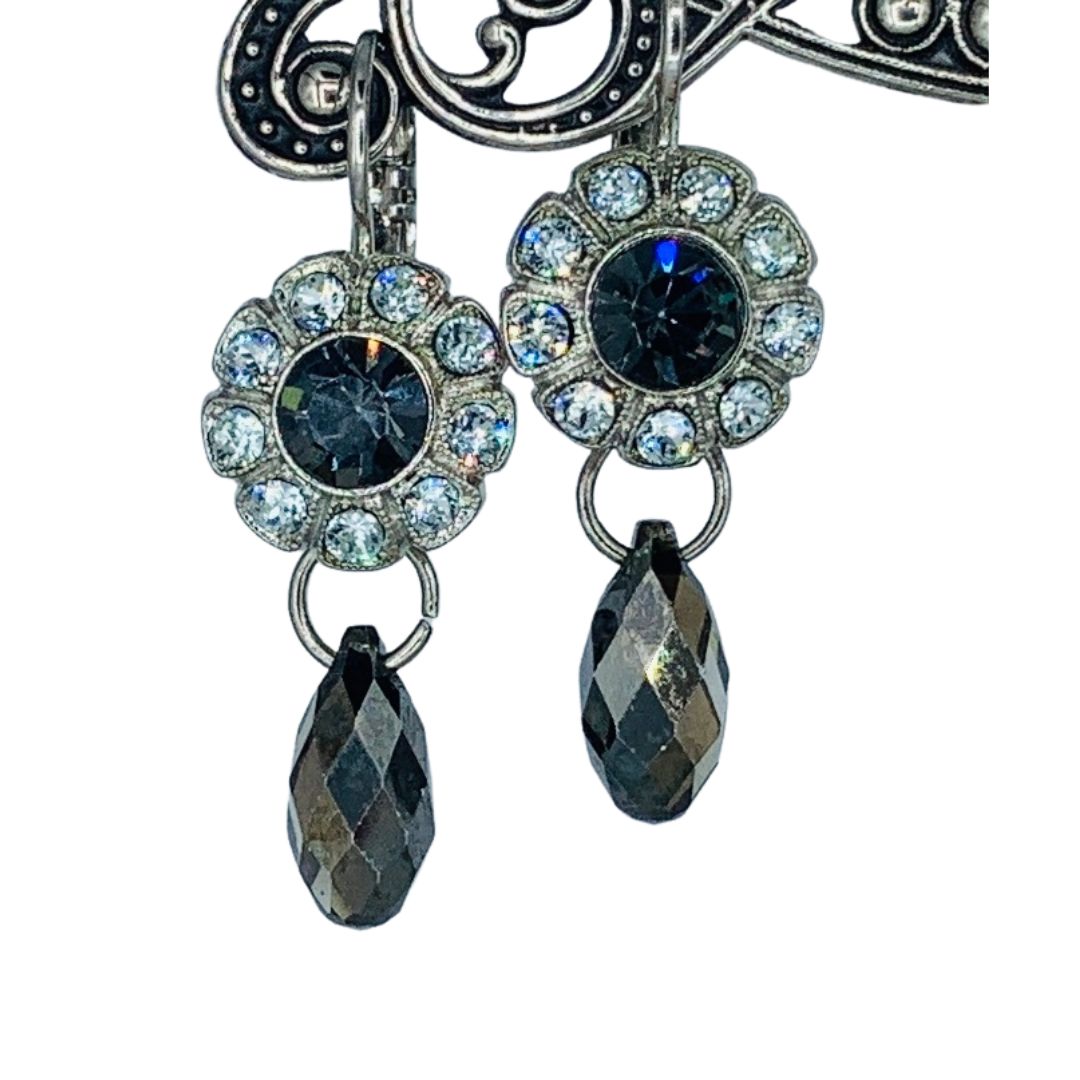 Mariana Daisy With Hematite Drop Earrings in Clear/Grey on Rhodium