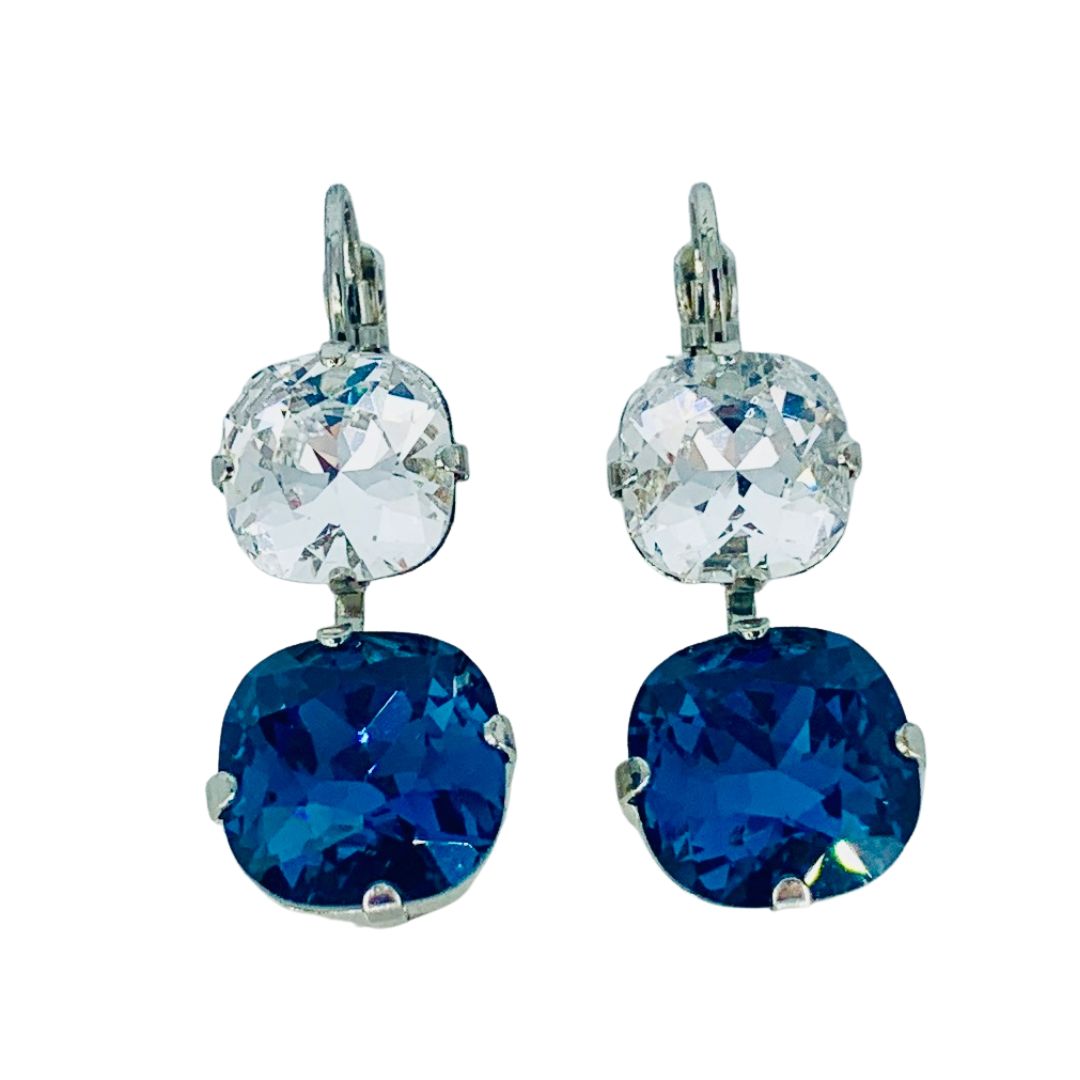 Mariana Double Square Earrings Clear/Royal Blue on Rhodium