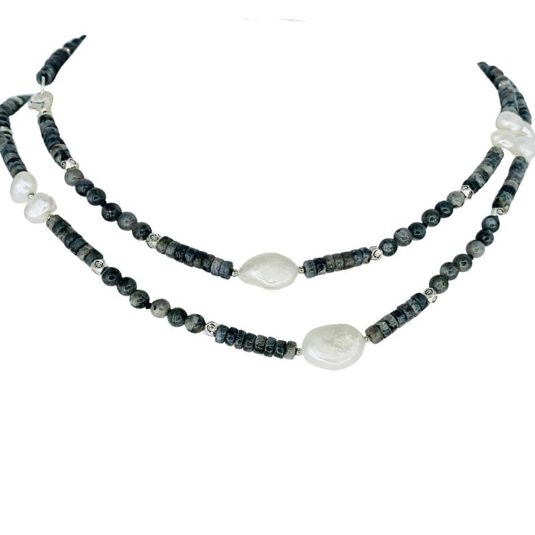 Long Necklace with Labradorite and Pearl