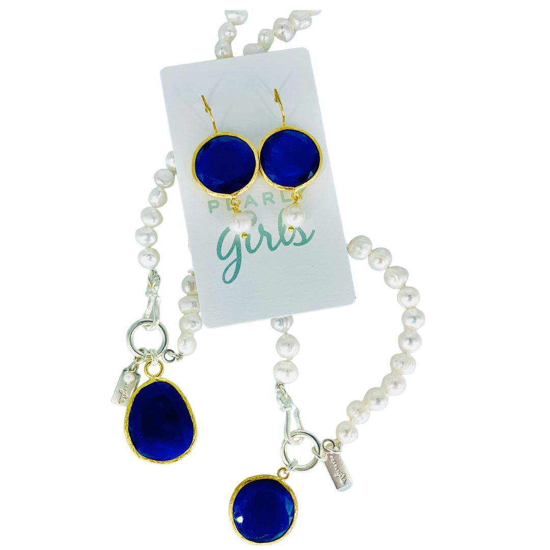 Pearl and Dark Blue Turkish Cat's Eye Earrings on Gold