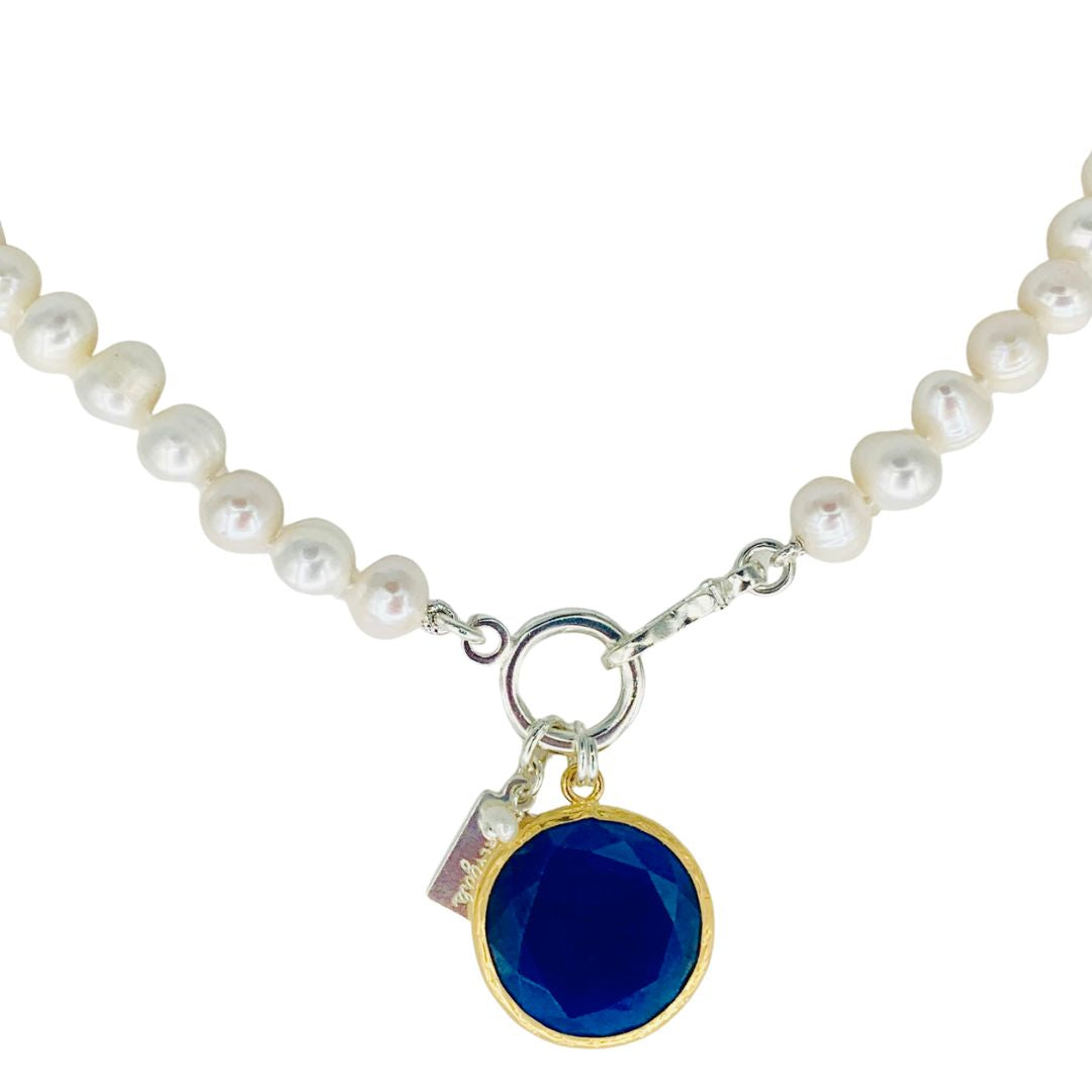Pearl Necklace with Sapphire Blue Turkish Cat's Eye Pendant