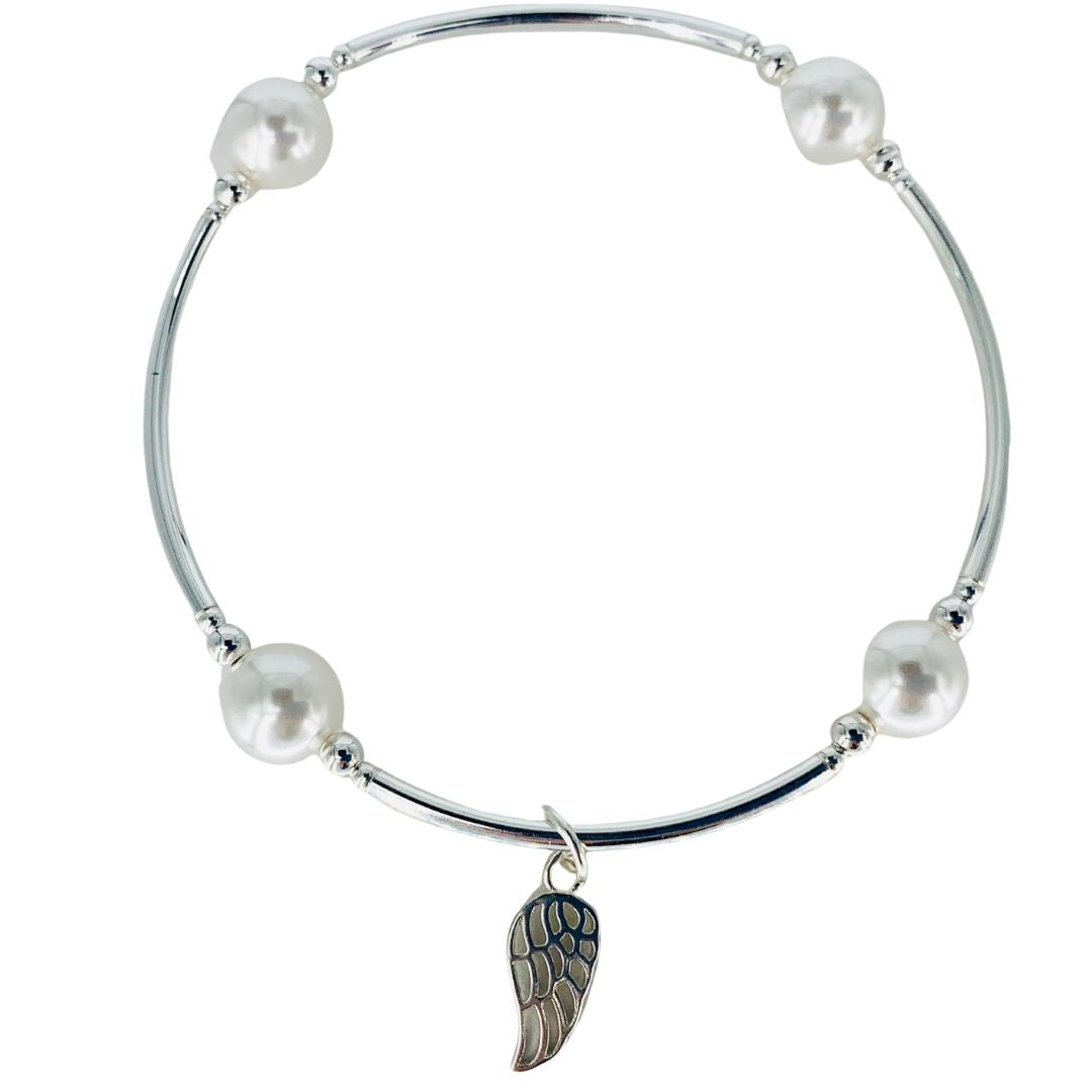 "You're An Angel" Angel Wing Blessing Bracelet in White Pearl and Sterling Silver